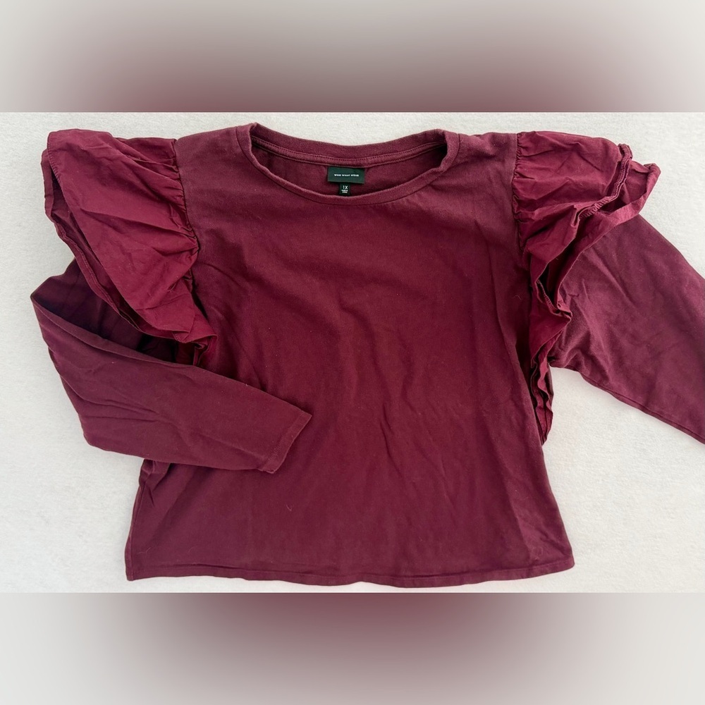 Who What Wear Burgundy Ruffled Long Sleeve Top- Size 1X - Picture 3 of 5